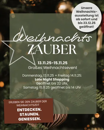 Banner Weihnachtszauber im Küchenstudio mit festlich geschmücktem Tannenmotiv, Infos zum großen Weihnachtsevent mit Late Night Shopping sowie Hinweis auf geöffnete Weihnachtsausstellung bis 23.12.25